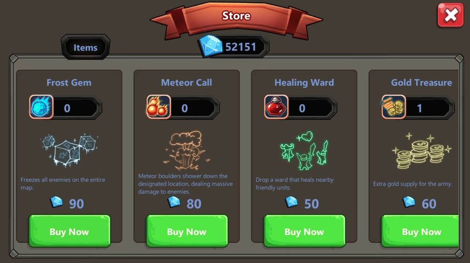 Hero Rush Tower Defense Store Items Screenshot